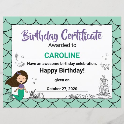 Papier Certificat de fête de créature marine, Sirène blan (Devant)