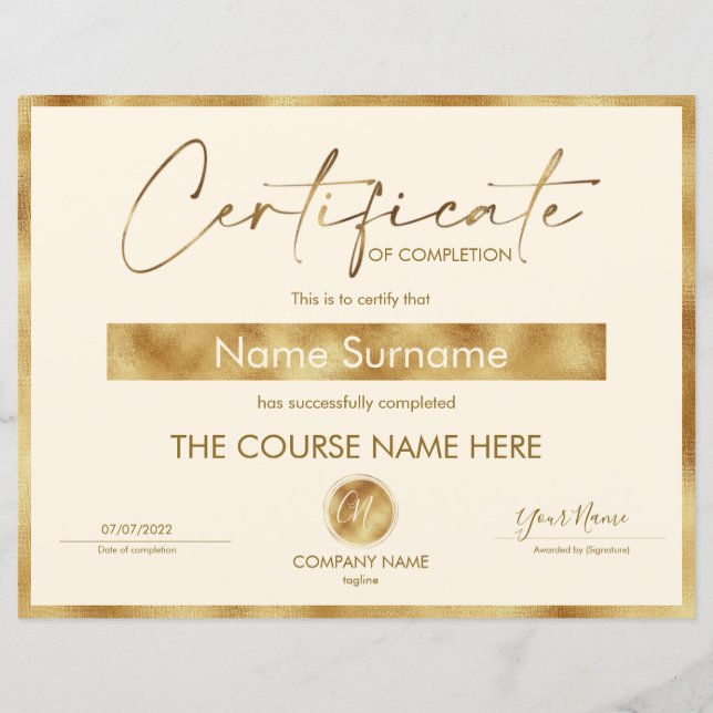 Papier Certificat de fin de cours (Devant)