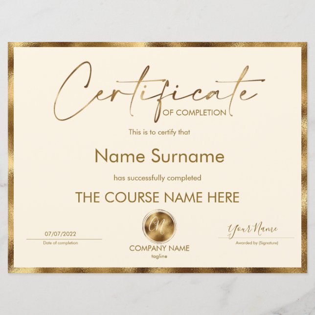 Papier Certificat de fin de cours (Devant)