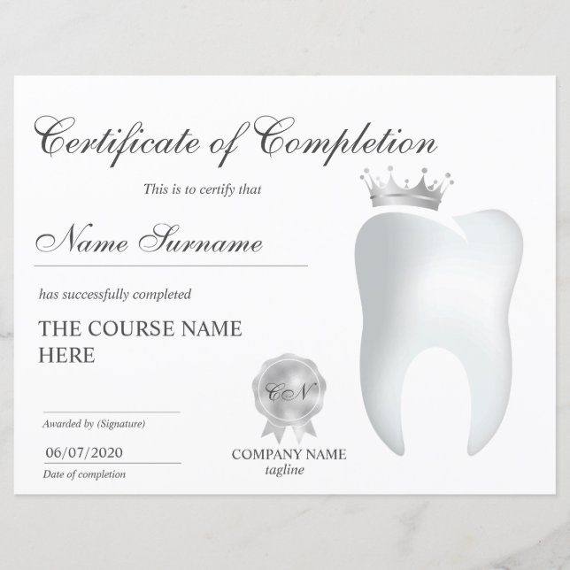 Papier Certificat de fin de cours de Blanchiment des Dent (Devant)