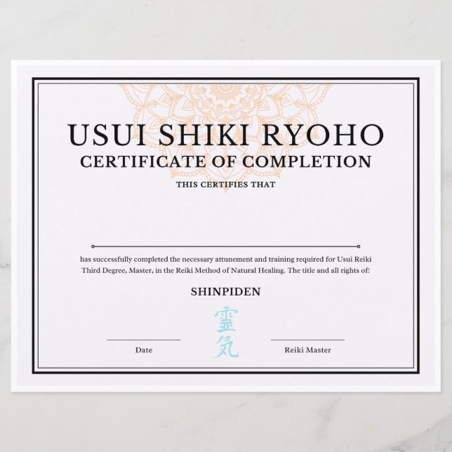 Papier Certificat de fin de mandat de Reiki (SHINPIDEN) (Devant)