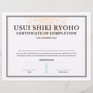 Papier Certificat de fin de mandat de Reiki (SHINPIDEN)