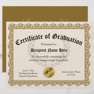 Papier Certificat de Graduation Gold personnalisable 8,5x