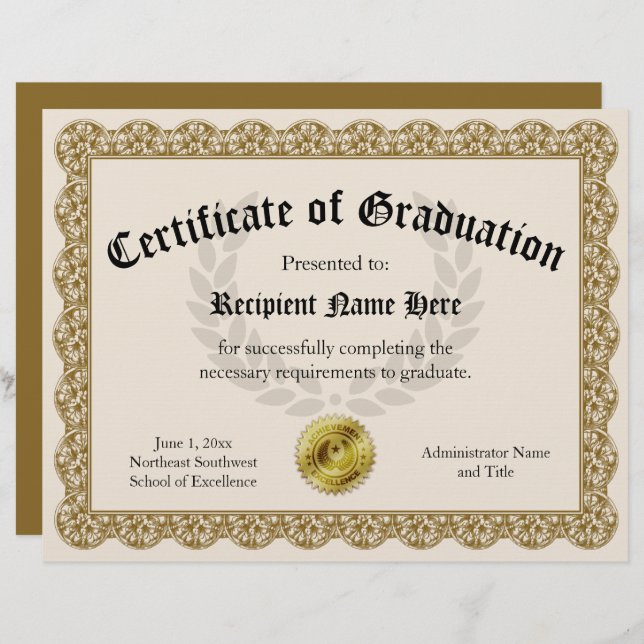 Papier Certificat de Graduation Gold personnalisable 8,5x (Devant / Derrière)