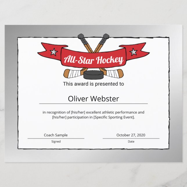 Papier Certificat de hockey étoilé (Devant)