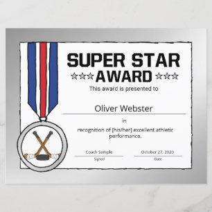 Papier Certificat de hockey Super Star Hockey Player