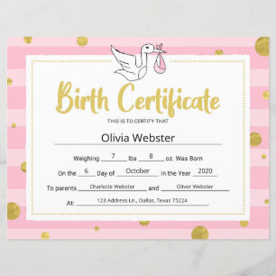 Papier Certificat de jalon rose Certificat de naissance p