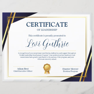 Papier Certificat de leadership moderne bleu marine et or