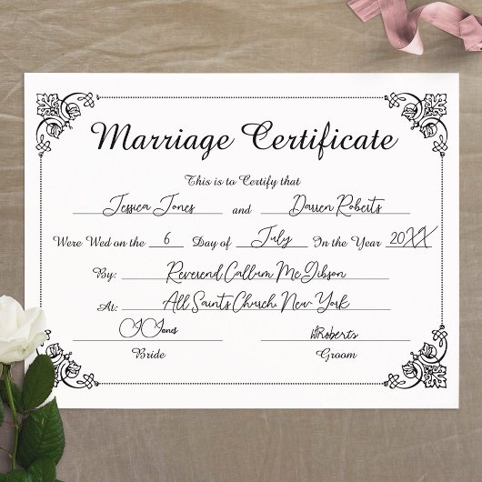 Papier Certificat de Mariage avec Bordure et Écriture Élé