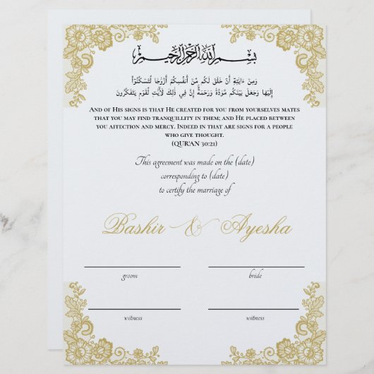 Papier Certificat de mariage Nikkah personnalisé instanta (Devant / Derrière)