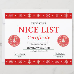 Papier Certificat de Noël de la liste des gentils du Père
