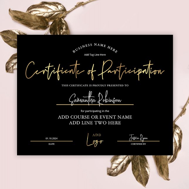 Papier Certificat de participation Black Gold Logo Award (Elegant black and gold Certificate of Participation with space for your logo and custom text)