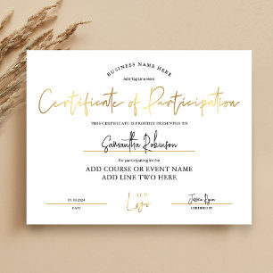 Papier Certificat de participation Prix d'entreprise en o