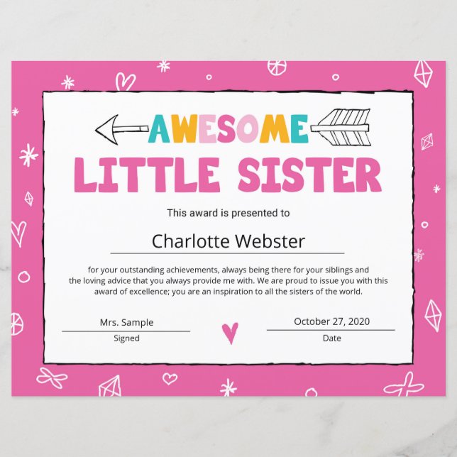 Papier Certificat de petite soeur rose (Devant)