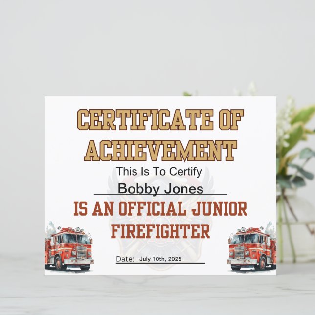 Papier Certificat de pompier pour le Junior Firefighter P (Debout devant)