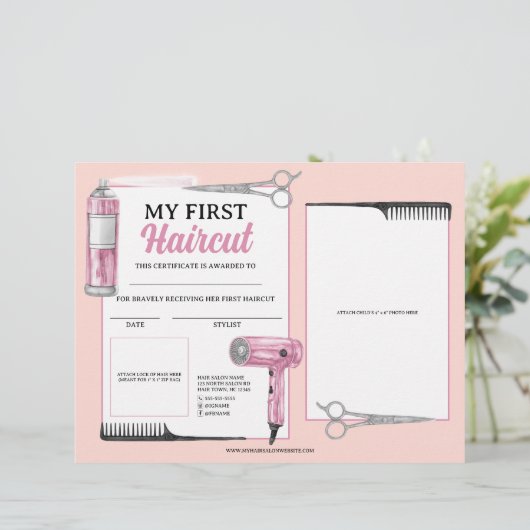 Papier Certificat de premier salon de coiffure rose et ar (Debout devant)