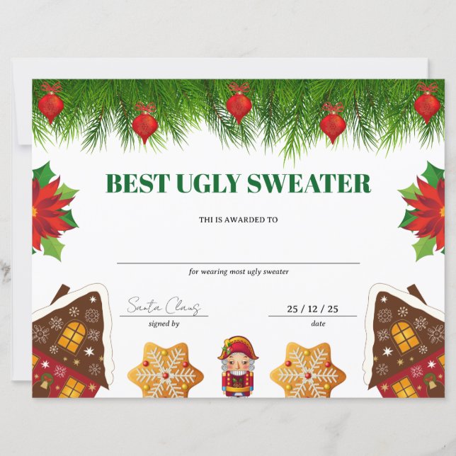 Papier Certificat de prix de Noël du plus beau pull moche (Devant)