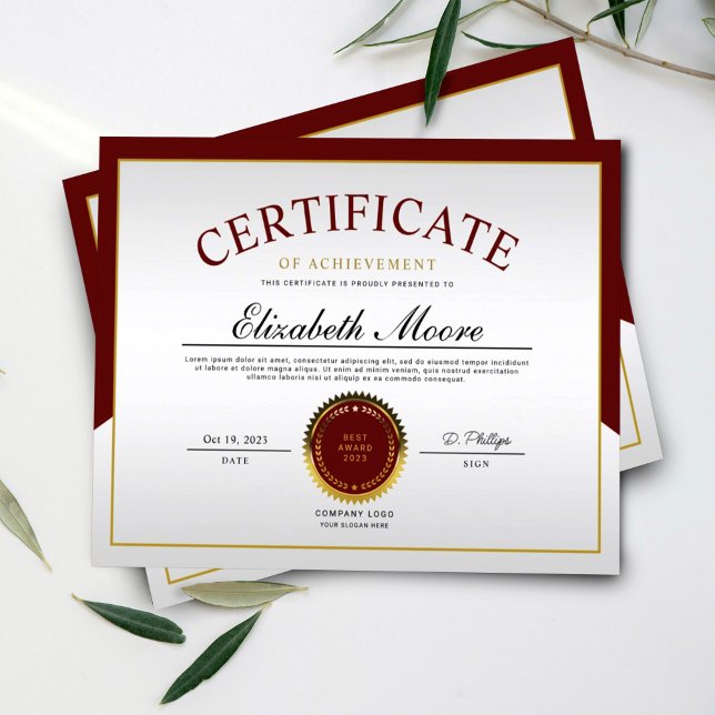 Papier Certificat de Réalisation de la Bordure Or Rouge (Créateur téléchargé)