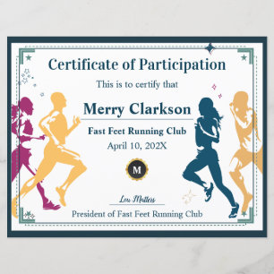 Papier Certificat de Réalisation du Club de Course à Pied