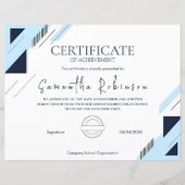 Papier Certificat de Réalisation Géométrique Bleu Moderne (Devant)