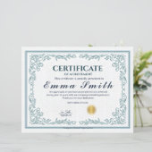 Papier Certificat de Réalisation Orné de Sarcelle Classiq (Debout devant)