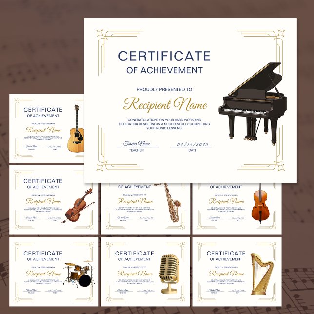 Papier Certificat de Récompense de Cours de Musique de Pi (Classy Frame Music Course Piano Award Certificate)