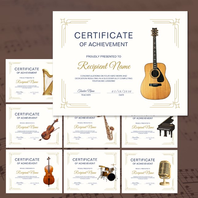 Papier Certificat de Récompense de Cours de Musique en Ca (Classy Frame Music Course Guitar Award Certificate)