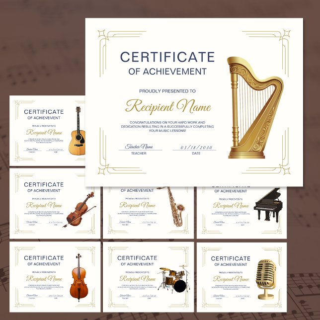 Papier Certificat de Récompense de Cours de Musique sur C (Classy Frame Music Course Harp Award Certificate)