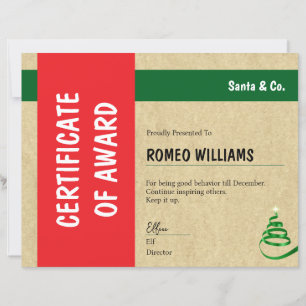 Papier Certificat de récompense de Noël Red Green Santa &
