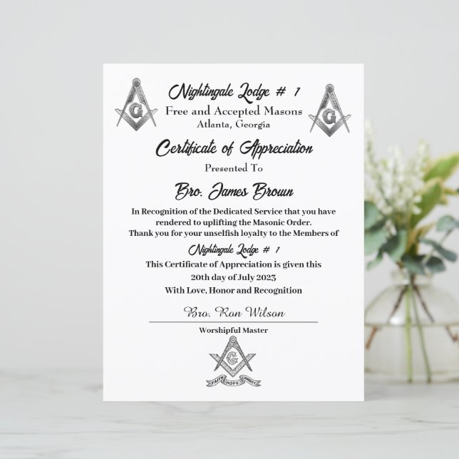 Papier Certificat de reconnaissance franc-maçon (Debout devant)