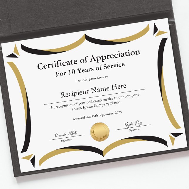 Papier Certificat de reconnaissance pour années de servic (Certificate of Appreciation for Years of Service)