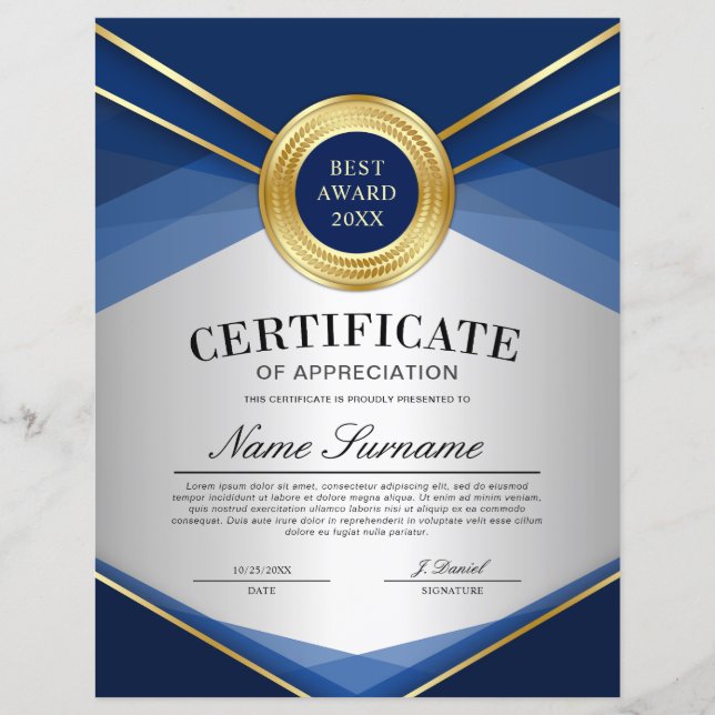 Papier Certificat de reconnaissance vertical bleu et or (Devant)
