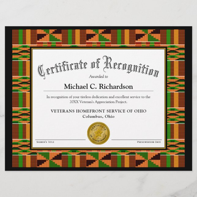 Papier Certificat de reconnaissance Vêtements Kente Afric (Devant)