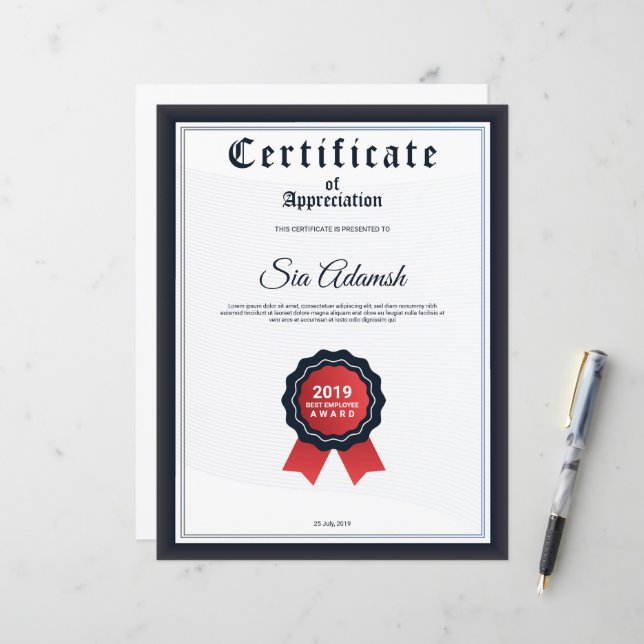 Papier Certificat de Remerciement (Devant/Arrière en situation)