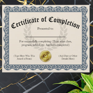 Papier Certificat de Réussite Bleu Personnalisable 21,59x