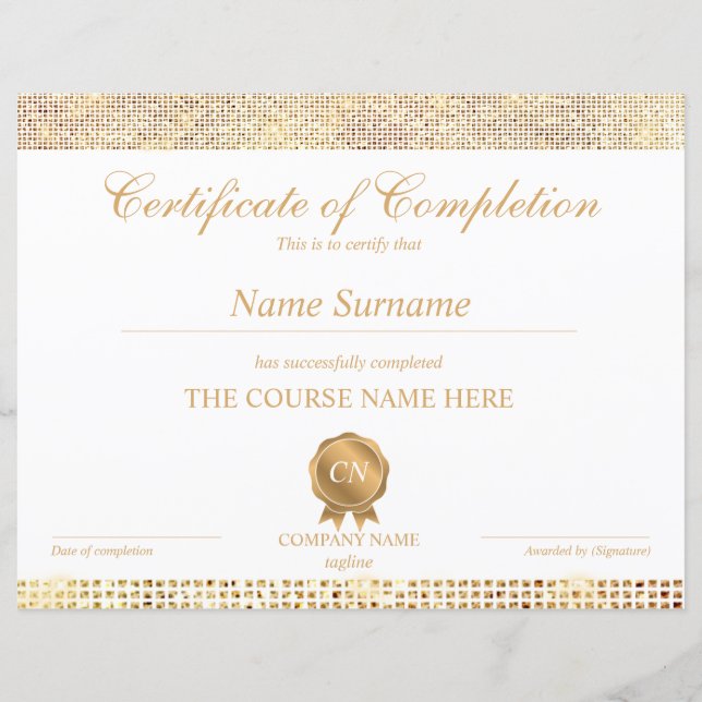 Papier Certificat de Réussite du Cours de Formation (Devant)
