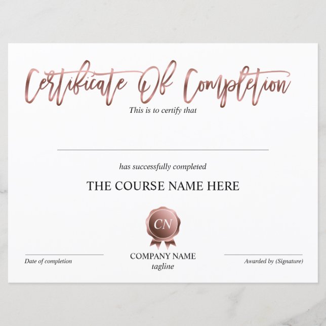 Papier Certificat de Réussite du Cours de Réussite (Devant)