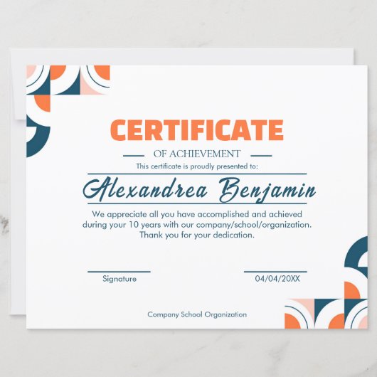 Papier Certificat de Réussite Moderne Prof Orange Bleu (Devant)