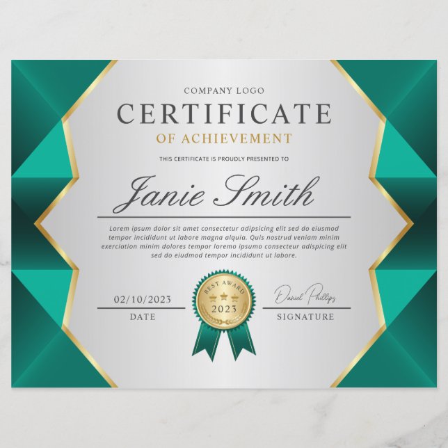 Papier Certificat De Réussite turquoise Et Or (Devant)