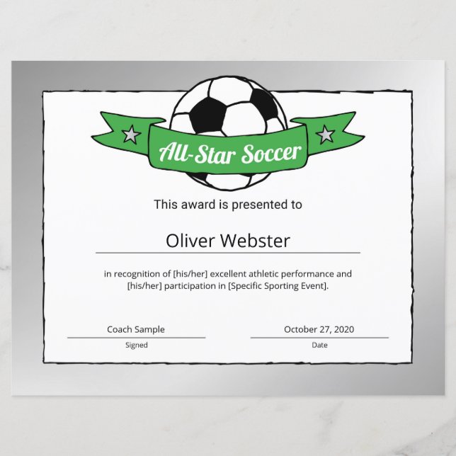 Papier Certificat de soccer étoilé (Devant)