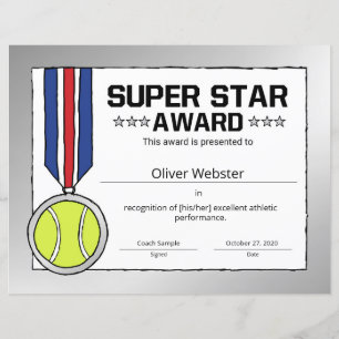 Papier Certificat de tennis du Super Star Tennis Player