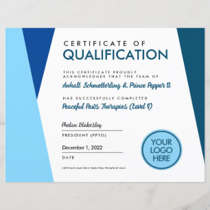 Papier Certificat d'études supérieures de la Blue Therapy