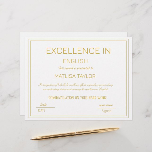 Papier Certificat d'excellence en anglais (Devant/Arrière en situation)