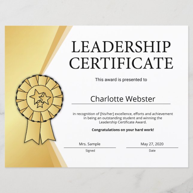 Papier Certificat d'excellence en leadership or PDF (Devant)