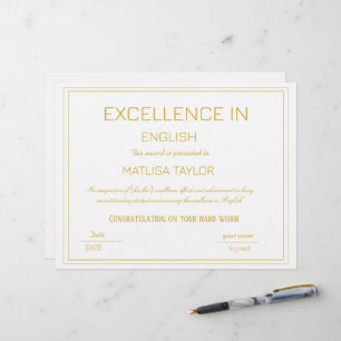 Papier Certificat d'Excellence en Réalisation en Anglais