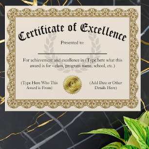 Papier Certificat d'excellence Gold personnalisable 8,5 x