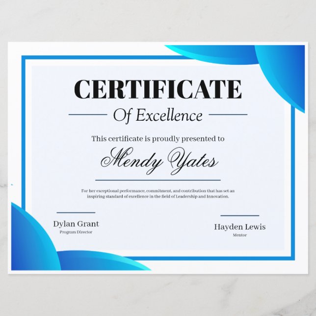 Papier Certificat d'Excellence Moderne Bleu et Blanc (Devant)