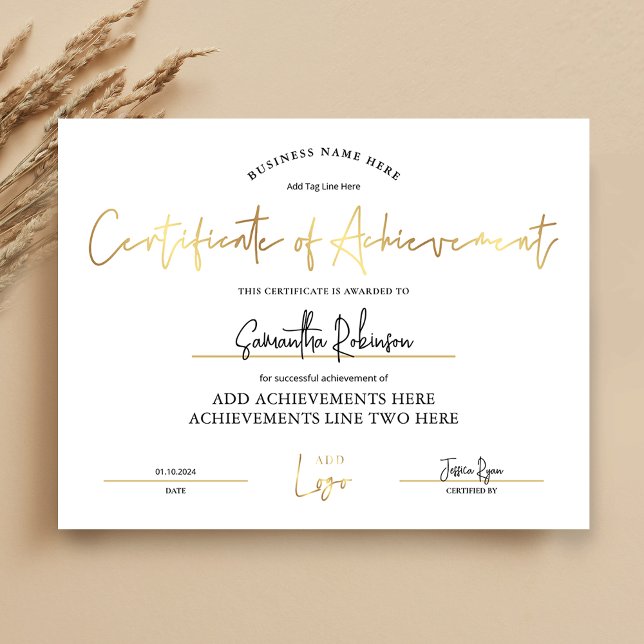 Papier Certificat d'excellence Prix d'excellence des empl (Elegant white and gold Certificate of Achievement with space for your logo)