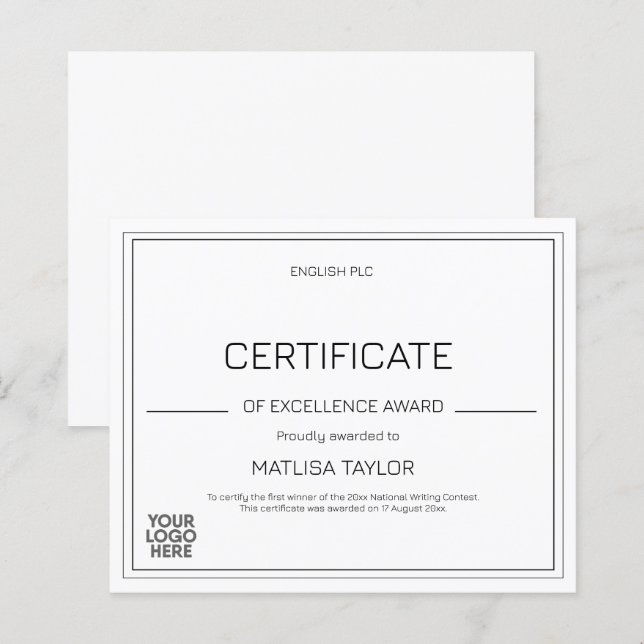 Papier Certificat d'excellence Prix Logo Noir Blanc  (Devant / Derrière)