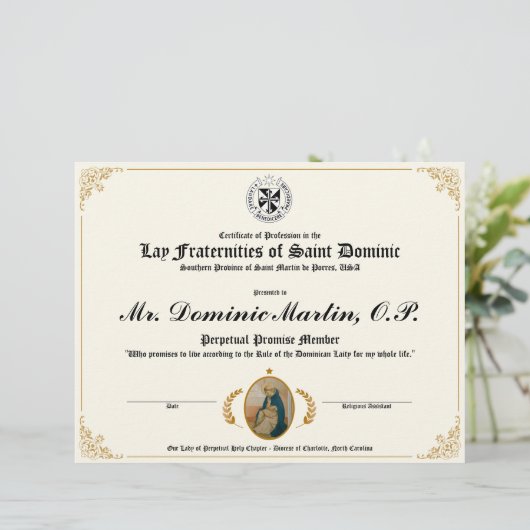Papier Certificat dominicain Lay (Debout devant)